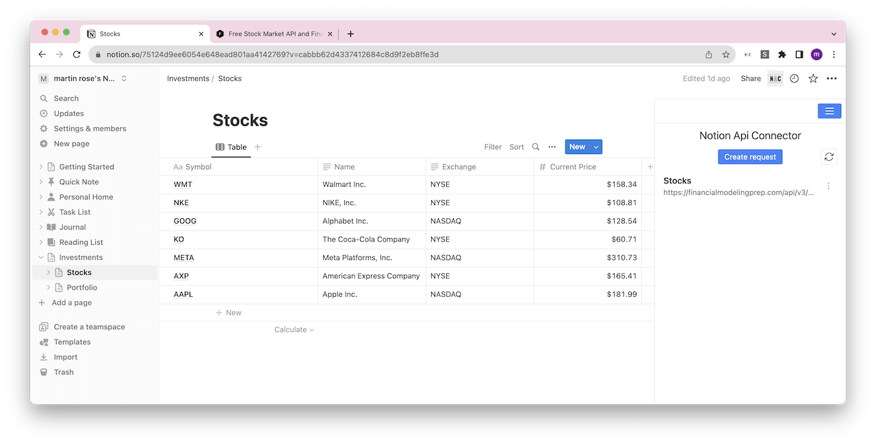 Notion Api Connector Imported Stocks Data